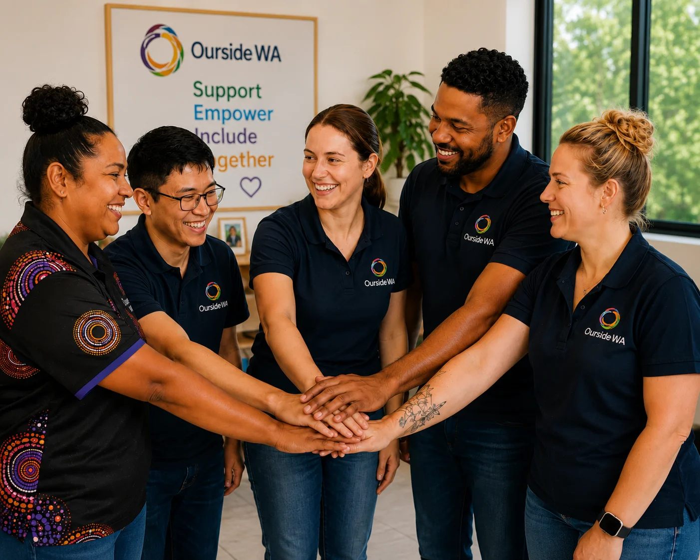 A team of support workers standing together, hands joined